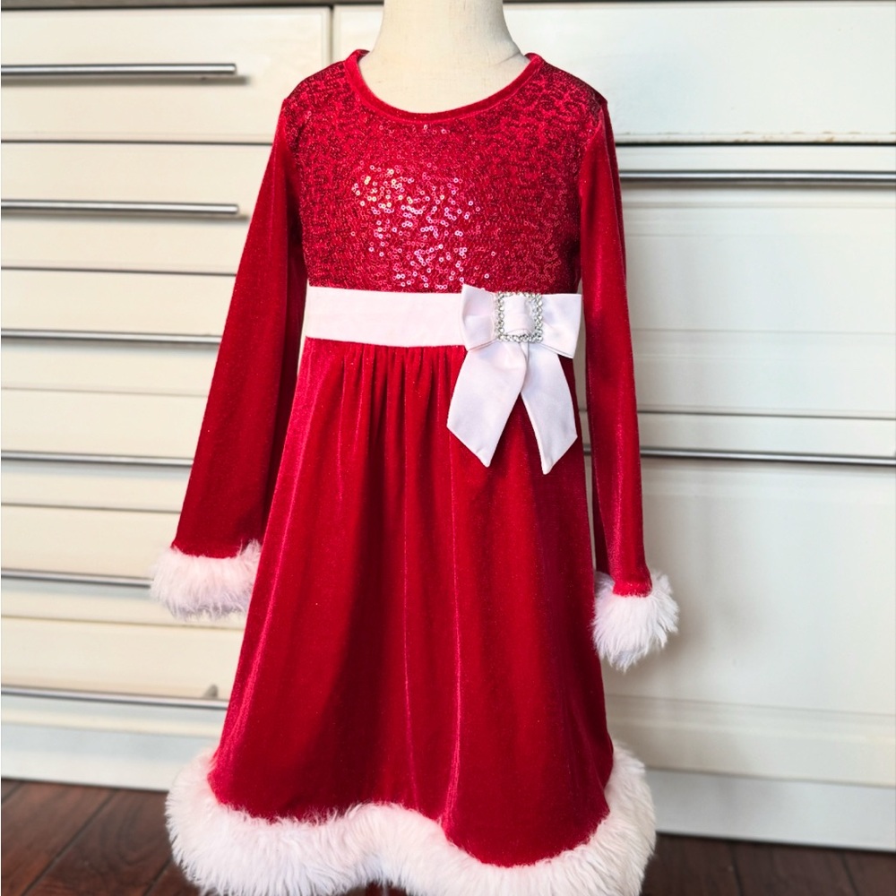 🧑‍🎄 4 for $20 🧑‍🎄 Red Sequin Holiday Dress with White Bow,